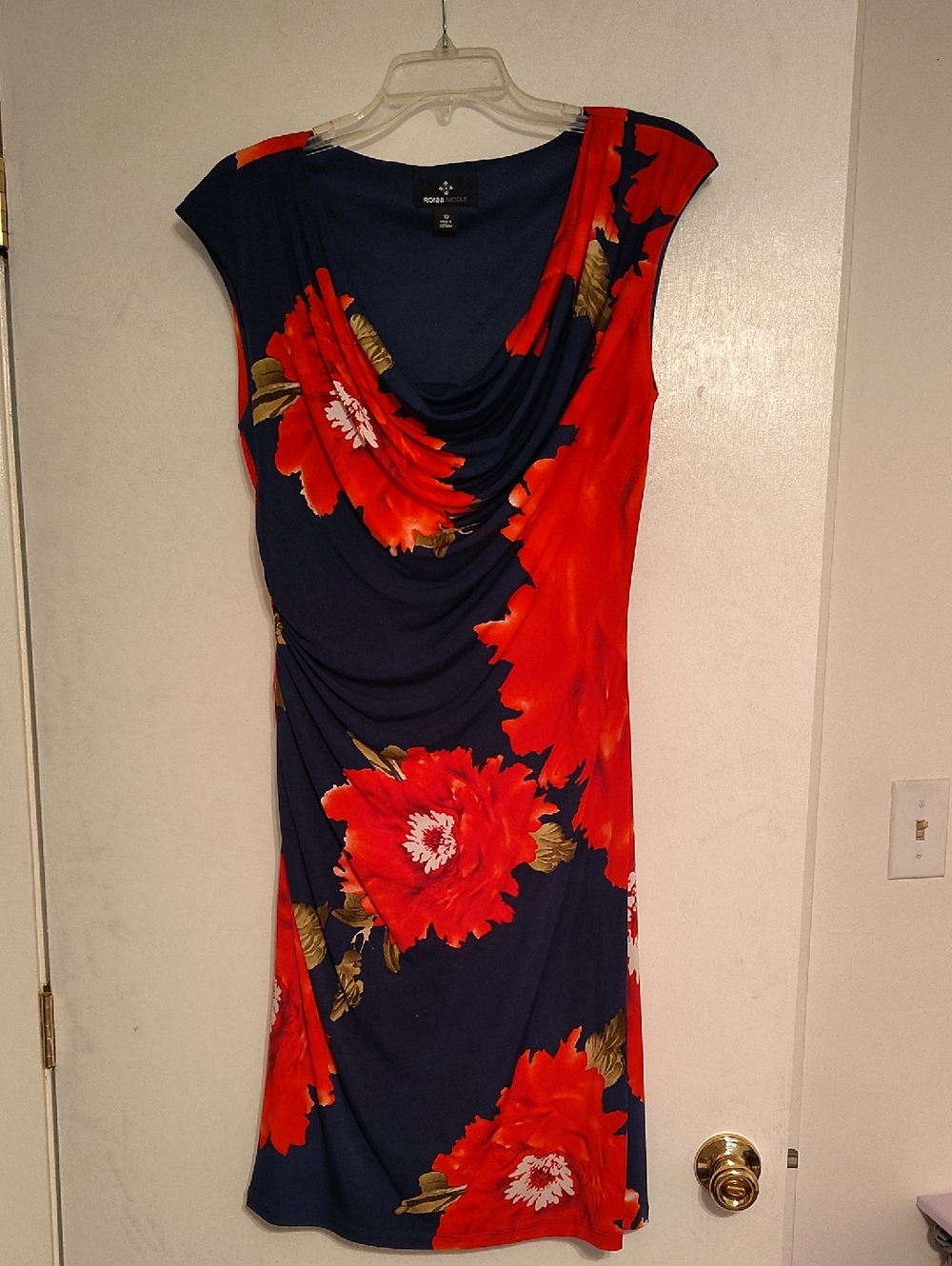 Navy Midi Dress with Red Floral Print